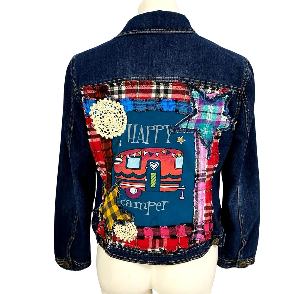 Denim Jacket Womens Medium Happy Camper Grunge Patchwork Art to Wear Upcycled